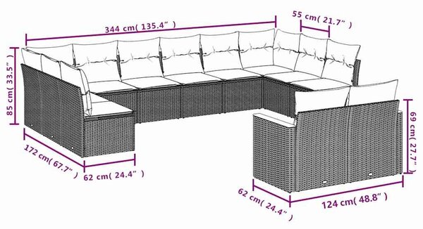VidaXL 13 db fekete polyrattan kerti kanapégarnitúra párnákkal