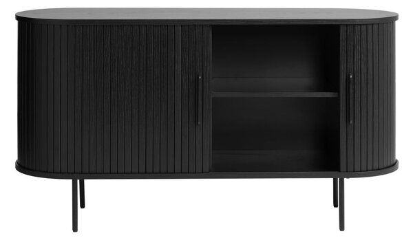 Fekete alacsony komód tolóajtóval, tölgyfa dekorral 140x76 cm Nola – Unique Furniture