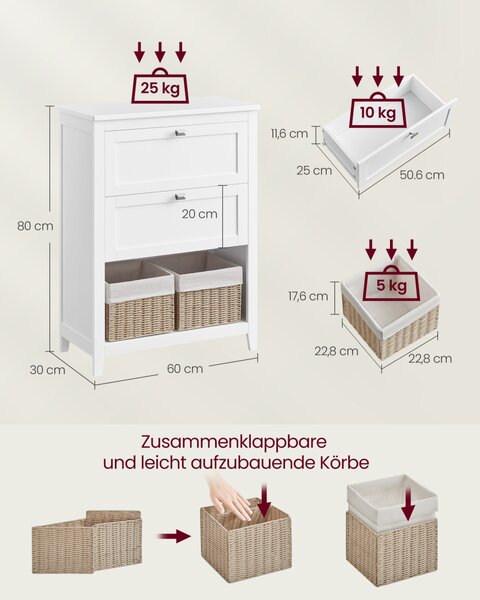 VASAGLE Fürdőszobai Tároló Szekrény 2 Fiókkal és 2 Kosárral MDF Felhőfehér 30 x 60 x 80 cm