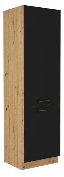 Szekrény beépített hűtőre, matt fekete/artisan tölgy, MONRO 60 LO-210 2F