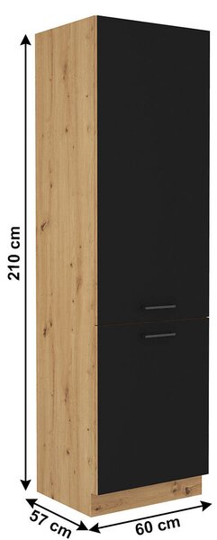 Szekrény beépített hűtőre, matt fekete/artisan tölgy, MONRO 60 LO-210 2F