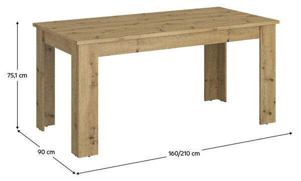 Széthúzható étkezőasztal, artisan tölgy, 160-210x90 cm, AIRON