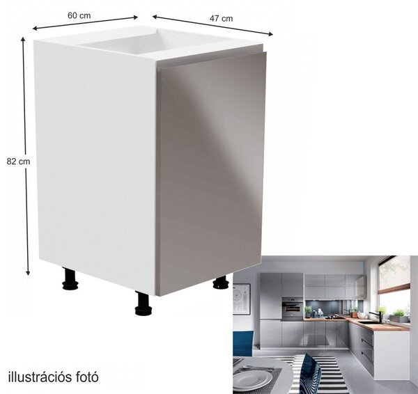 Alsószekrény, fehér/szürke extra magasfényű, jobbos, AURORA D601F