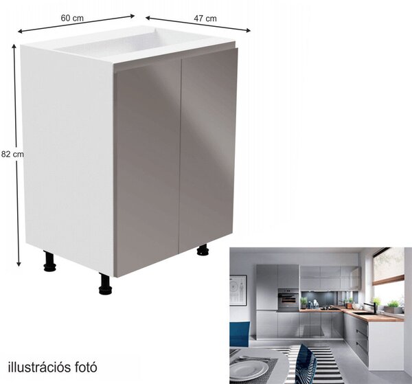 Alsószekrény, fehér/szürke extra magasfényű, AURORA D602F