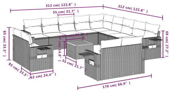 VidaXL Polyrattan Kerti Ülőgarnitúra - 14 részes - Szürke