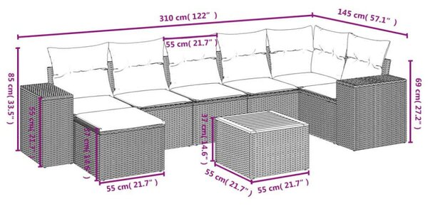 VidaXL Polyrattan Kerti Ülőgarnitúra - 8 részes - Szürke