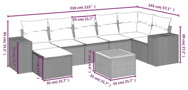VidaXL Polyrattan Kerti Ülőgarnitúra - 8 részes - Szürke