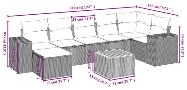 VidaXL Polyrattan Kerti Ülőgarnitúra - 8 részes - Szürke