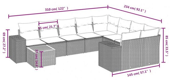 Polyrattan Kerti Ülőgarnitúra - 10 részes - Szürke