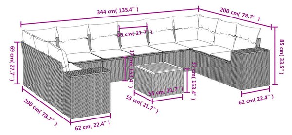 VidaXL Polyrattan Kerti Ülőgarnitúra - 11 részes - Fekete