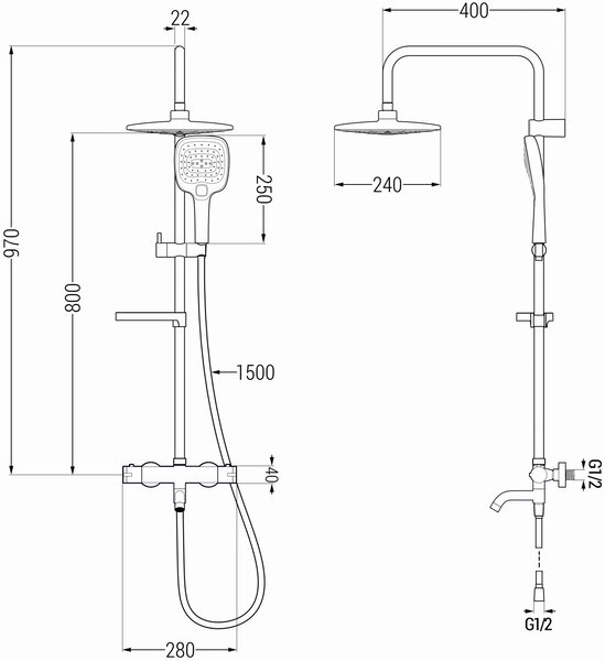 Mexen KX17 zuhanyfej felső fejjel 24 cm, Kai termosztatikus kádcsapteleppel, fekete, 779001791-70