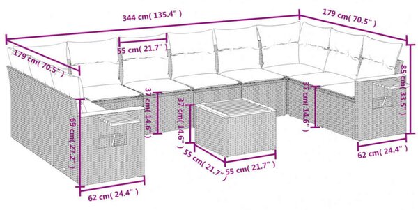 VidaXL Polyrattan Kerti Ülőgarnitúra - 11 részes - Szürke
