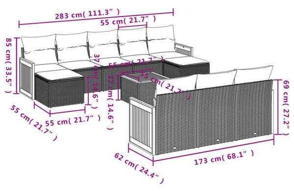 VidaXL Polyrattan Kerti Ülőgarnitúra - 11 részes - Szürke