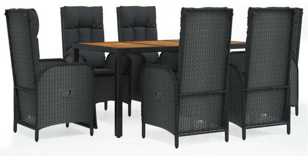 VidaXL 7 részes fekete polyrattan kerti étkezőgarnitúra párnával