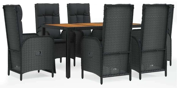 VidaXL 7 részes fekete polyrattan kerti étkezőgarnitúra párnával