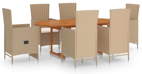 VidaXL - 7 Részes Kerti Étkezőgarnitúra - Akácfa Asztal - Bézs Polyrattan