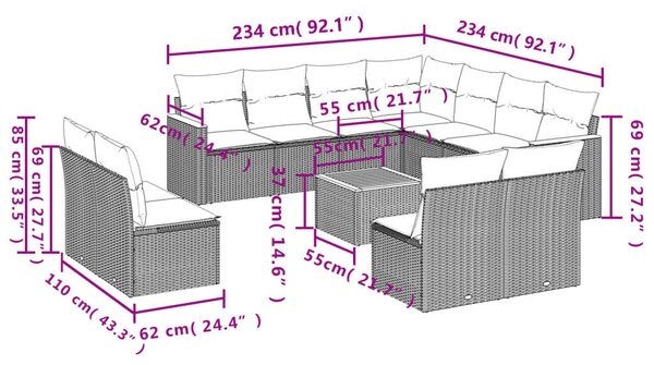 VidaXL Polyrattan Kerti Ülőgarnitúra - 12 részes - Szürke