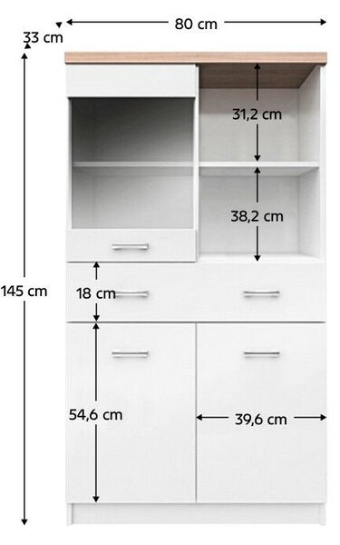 Vitrines szekrény 2D1W1S/80, fehér/tölgy sonoma, TOPTY TYP 02