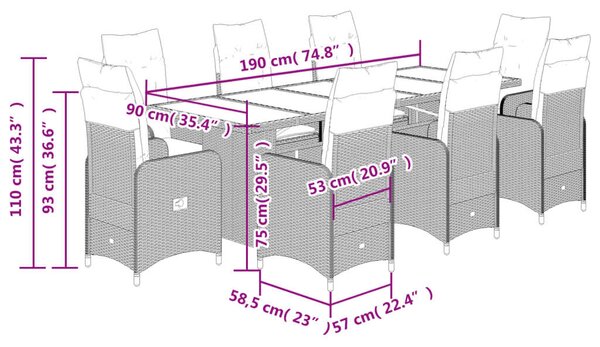 VidaXL Polyrattan Kerti Bútor - 9 részes Bisztrókészlet - Szürke
