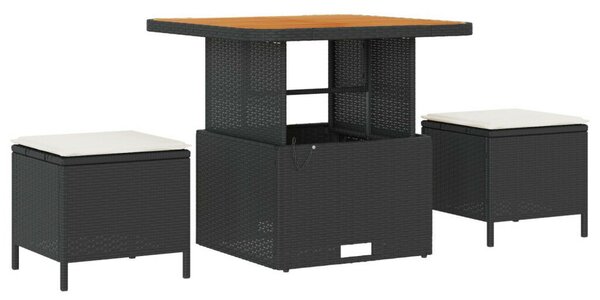 9 részes kert kanapé szett párnás, fekete, poli rattan akác, 3 részes kert étkező szett párnás, fekete, poli rattan akác