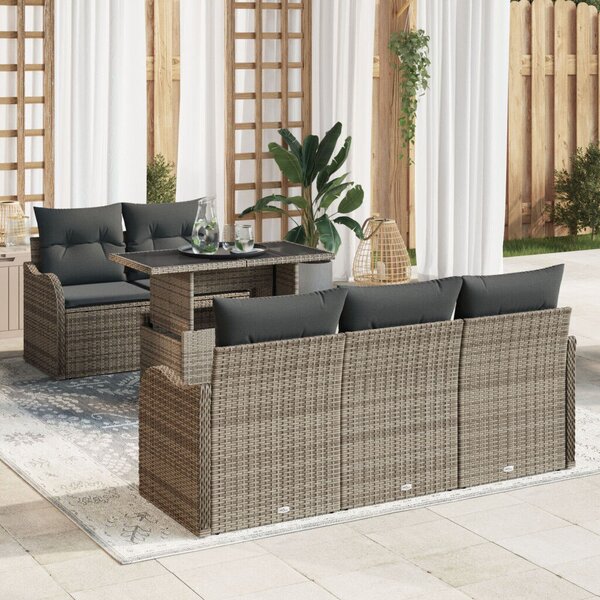 6 Darabos Kerti Kanapé Szett Párnákkal Szürke Poly Rattan, 2 Személyes Kerti Kanapé Tárolóval &amp; Párnákkal Szürke Poly Rattan