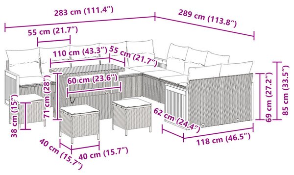 14 Darabos Kerti Kanapé Szett Párnákkal Bézs Poli Rattan Akáciából, 2-Személyes Kerti Kanapé Párnákkal Bézs Poli Rattan, 4 Darabos Kerti Étkező Szett Párnákkal Bézs Poli Rattan Akáciából