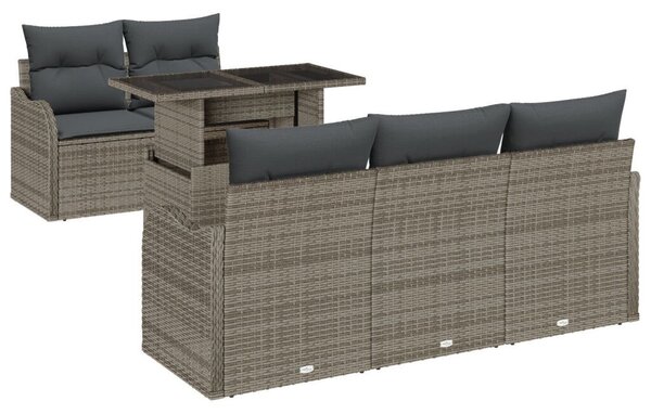 6 Darabos Kerti Kanapé Szett Párnákkal Szürke Poly Rattan, 2 Személyes Kerti Kanapé Tárolóval &amp; Párnákkal Szürke Poly Rattan