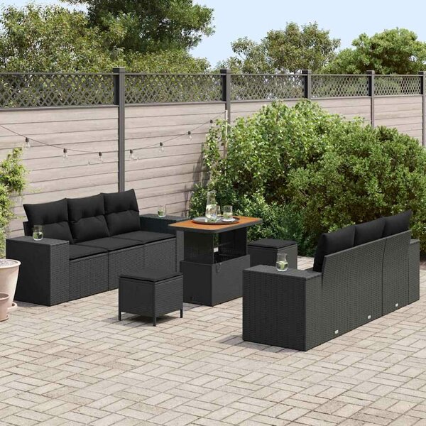 VidaXL Kerti Kanapé Szett párnával tárolóval 9 pcs Fekete Poly Rattan