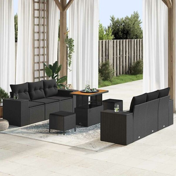 VidaXL Kerti Kanapé Szett párnával tárolóval 9 pcs Fekete Poly Rattan
