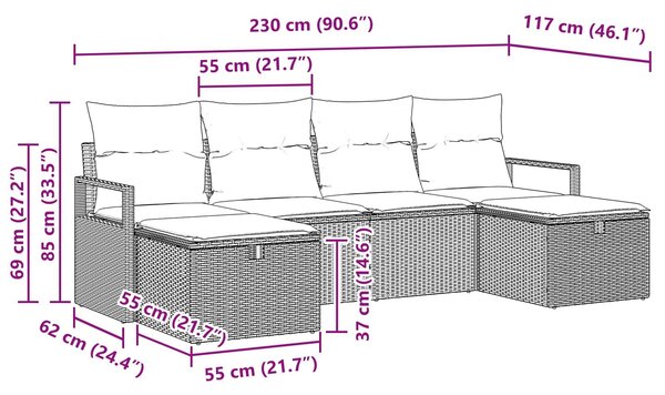 VidaXL Polyrattan kanapé szett párnákkal, 6 db, barna és piros