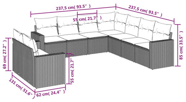 VidaXL Polyrattan Kerti Ülőgarnitúra - 9 részes, Világosszürke