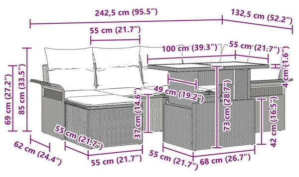 7 Darabos Kerti Kanapészett Párnákkal Világosszürke Poly Rattan, 2-Személyes Kerti Kanapé Tárolóval és Párnákkal Világosszürke Poly Rattan