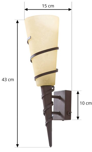 Lindby Anouk fali világítás, magasság 44 cm, üveg, fém, fáklyafény, dimmelhető, Barna / rozsda, Nappali / Étkező, fém, Vidéki otthon / Rusztikus