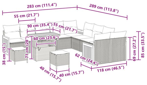 13 darabos Kert Kanapé Készlet Párnákkal Fekete Poli Rattan Akác