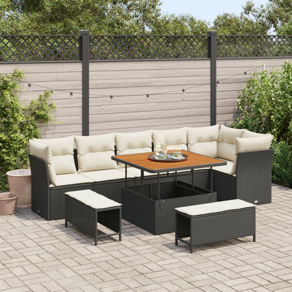 9 darabos kerti sofa szett párnákkal fekete poli rattan akáccal