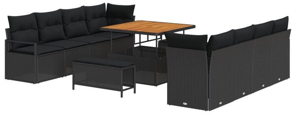 11 darabos kerti kanapé szett párnákkal Fekete Poli Rattan Akácia, 2 személyes kerti kanapé tárolóval és párnákkal Fekete Poli Rattan, 3 darabos kerti étkező szett párnákkal Fekete Poli Rattan Akácia