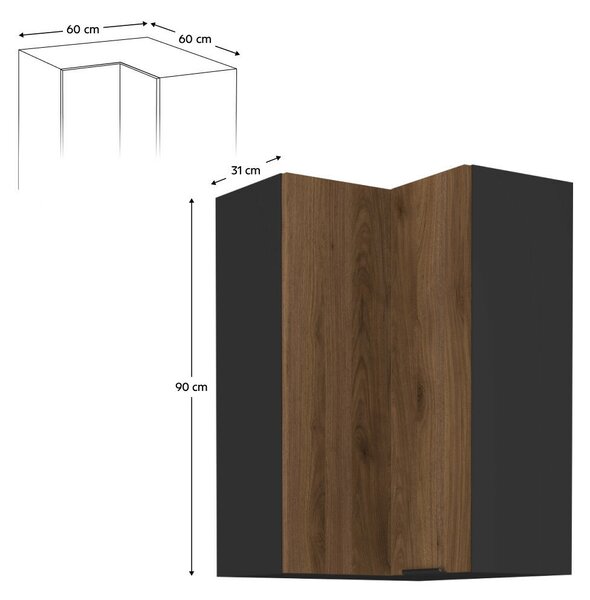 Felső sarokszekrény okapi dió/fekete, MENZO 60x60 GN-90 2F