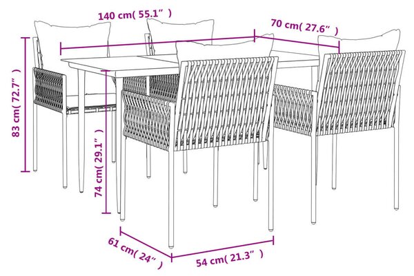 VidaXL 5-részes polyrattan és acél kerti étkezőgarnitúra párnával