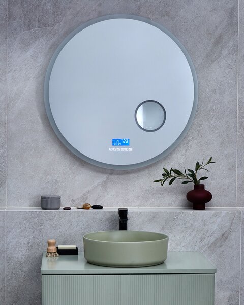LED fürdőszobai tükör FIXIN 80 cm 80 cm Beépített Bluetooth Hangszóróval Ezüst