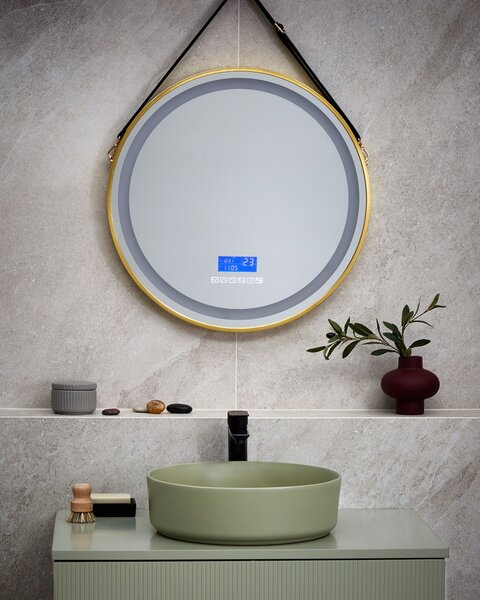 LED fürdőszobai tükör DAROIS 60 cm 60 cm Beépített Bluetooth Hangszóróval Arany