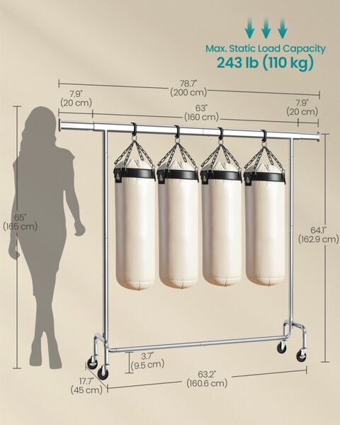 SONGMICS HSR176E01 extra erős kerekes ruhaállvány bővíthető akasztóval 110 kg teherbírás krómozott acél ezüst