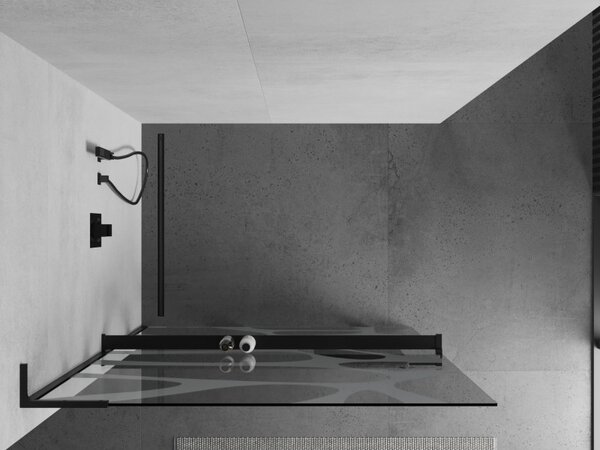 Mexen Kioto+ L, Walk-In zuhanyparaván polccal és akasztóval 80 x 200 cm, 8 mm átlátszó üveg fehér mintás, fekete profil, 800-080-123-70-97