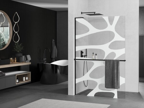 Mexen Kioto+ L, Walk-In zuhanyparaván polccal és akasztóval 80 x 200 cm, 8 mm átlátszó üveg fehér mintás, fekete profil, 800-080-123-70-97