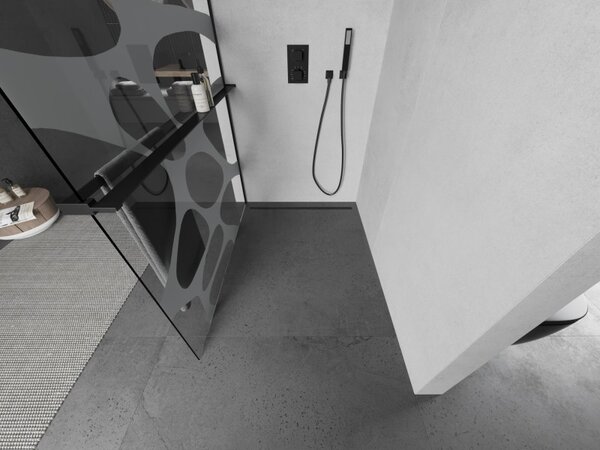 Mexen Kioto+ L, Walk-In zuhanyparaván polccal és akasztóval 80 x 200 cm, 8 mm átlátszó üveg fehér mintás, fekete profil, 800-080-123-70-97