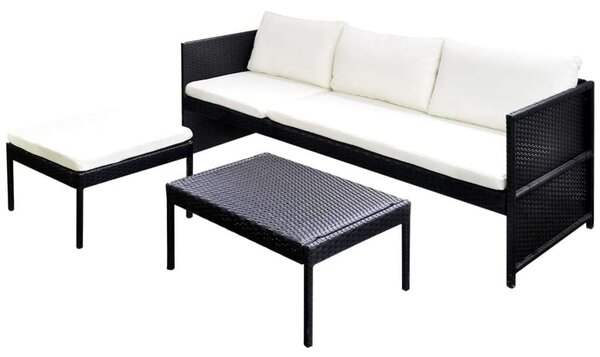 VidaXL 3-részes fekete polyrattan kerti bútorszett párnákkal