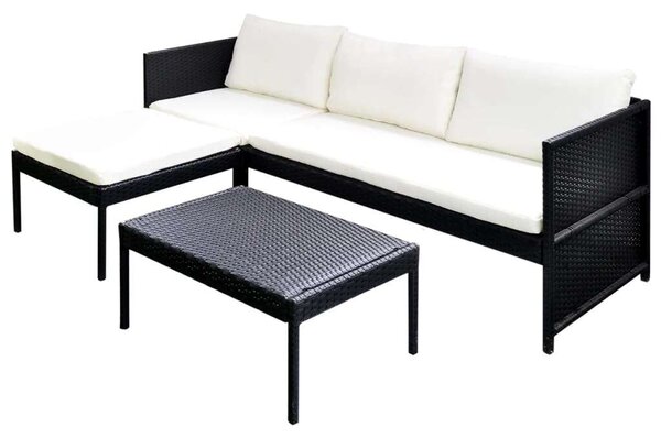 VidaXL 3-részes fekete polyrattan kerti bútorszett párnákkal