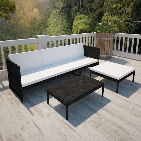 VidaXL 3-részes fekete polyrattan kerti bútorszett párnákkal