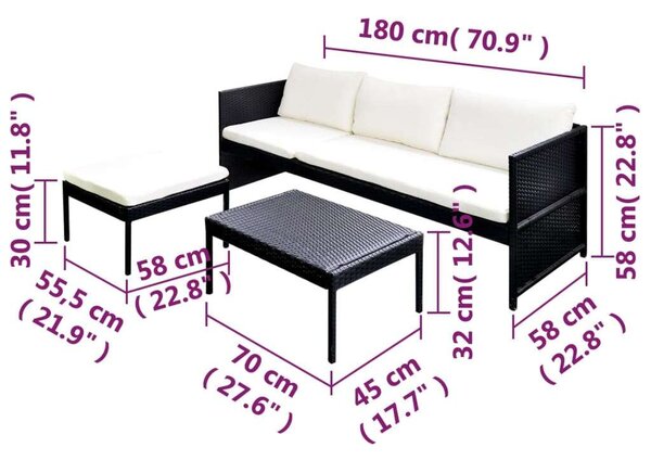 VidaXL 3-részes fekete polyrattan kerti bútorszett párnákkal