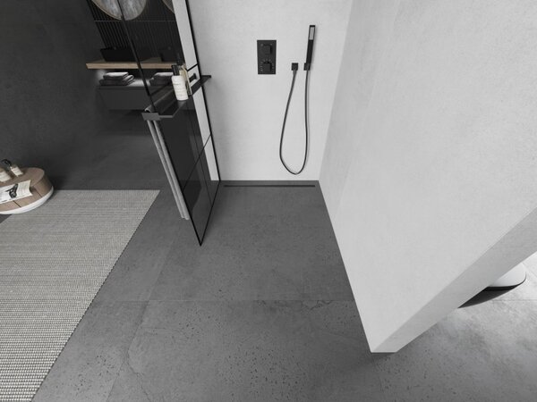Mexen Kioto+ L, Walk-In zuhany paraván polccal és akasztóval 80 x 200 cm, 8 mm átlátszó üveg fekete mintás, fekete profil, 800-080-123-70-77
