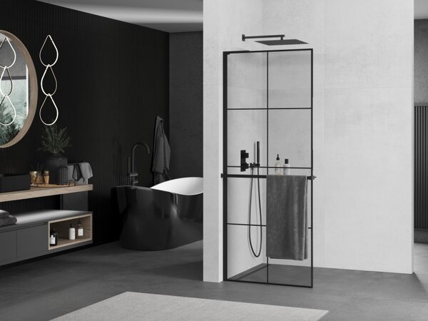 Mexen Kioto+ L, Walk-In zuhany paraván polccal és akasztóval 80 x 200 cm, 8 mm átlátszó üveg fekete mintás, fekete profil, 800-080-123-70-77